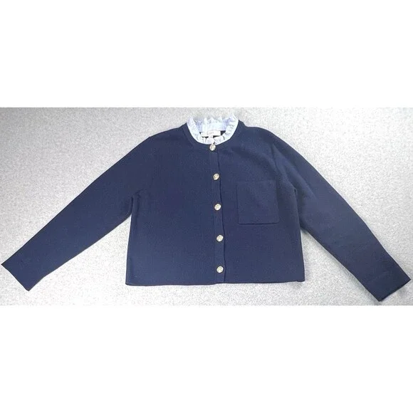 Loft Ruffle Neck Sweater Womens XL Navy Button Up Cardigan Workwear Fall Casual - Picture 2 of 12